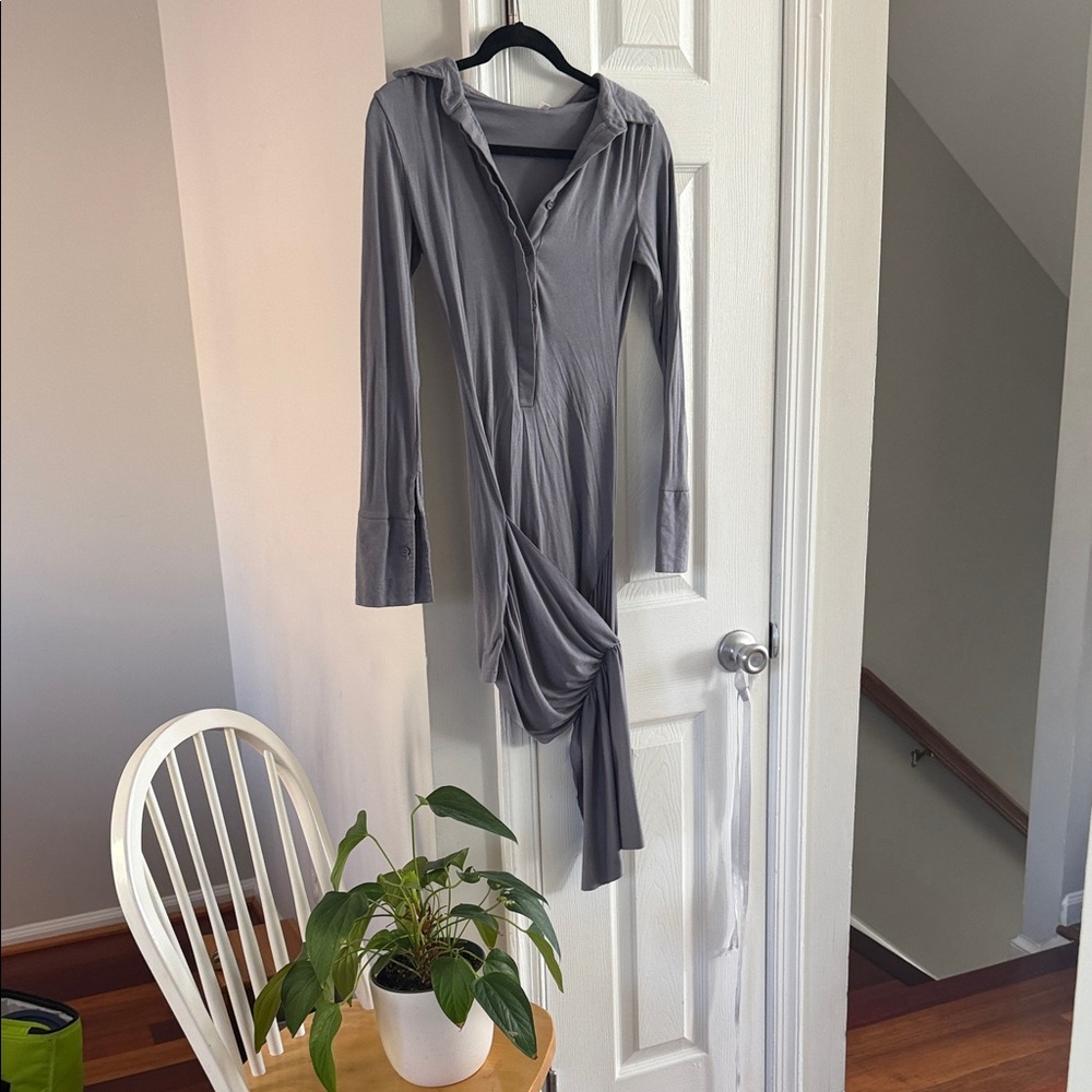 Gray Long-Sleeve Hooded Wrap Dress